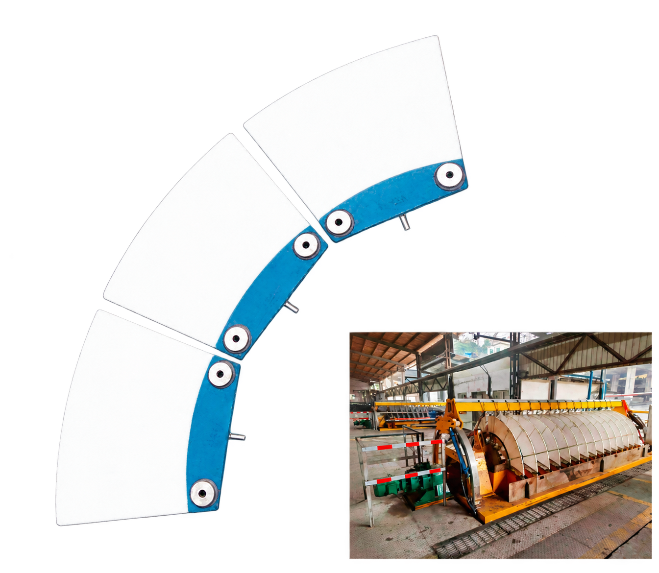 Ceramic filter plate segments with blue support strips and filter dewatering equipment