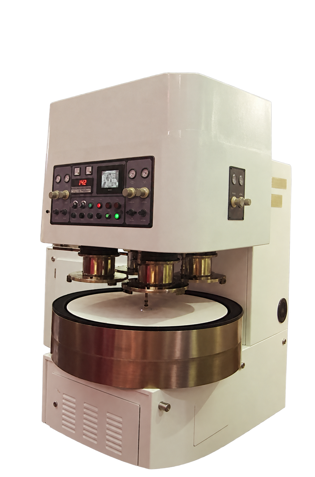 Equipment pictured alongside ceramic grinding plates and dressing rings in the product catalogue